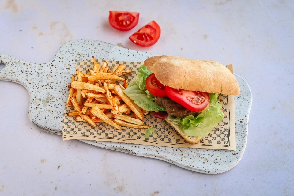 Ciabatta burger with parsnip fries