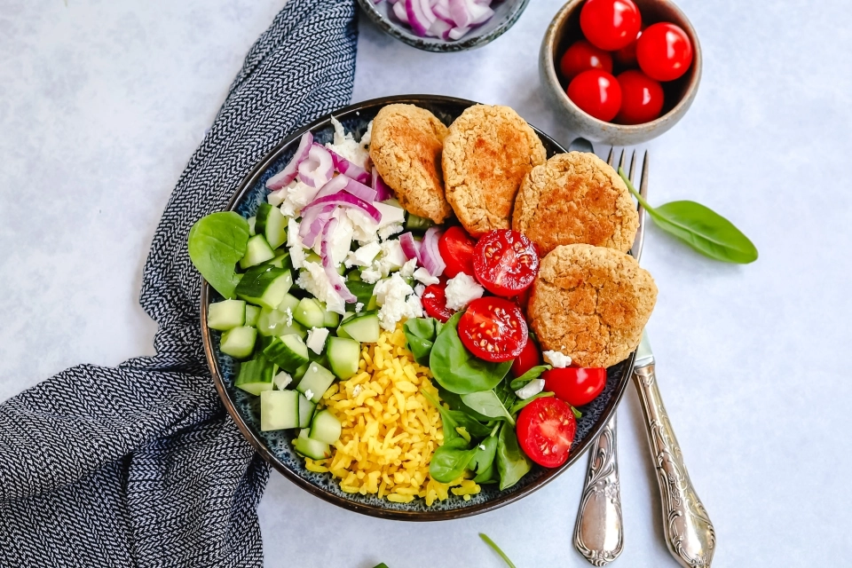 Falafel bowl with yellow rice & salad