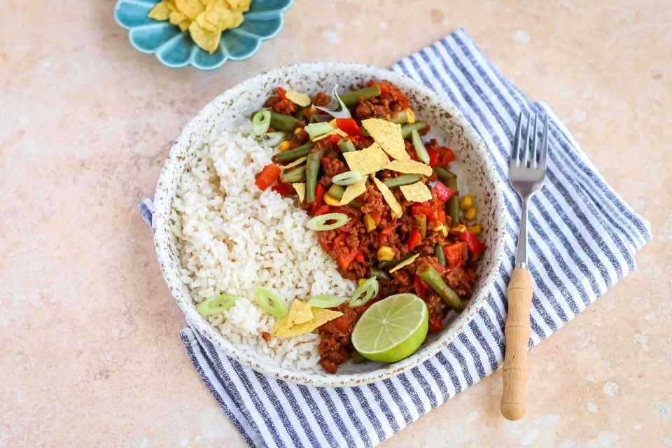Rice with Mexican dish & taco crunch