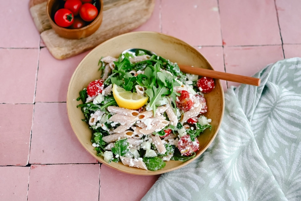 Pasta salad with fresh cottage cheese dressing