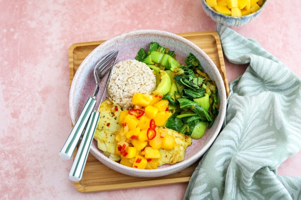 Cod with warm mango salsa & Shanghai bok choy