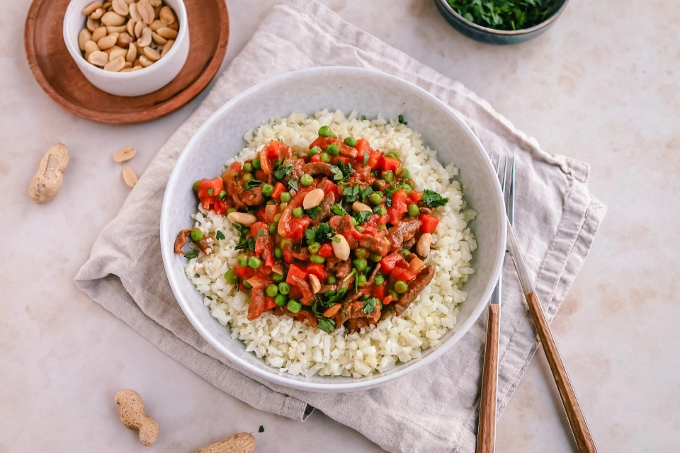 Quick beef stew with rice & peanut butter