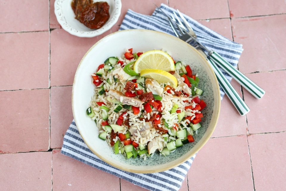 Rice salad with smoked trout & sun-dried tomato