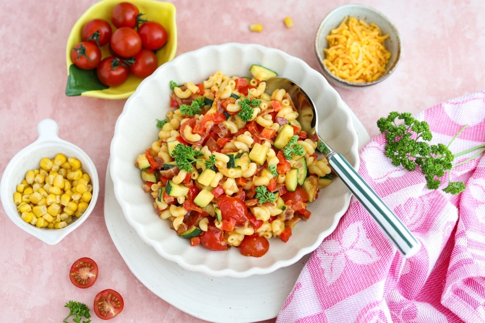 Bacon, corn & bell pepper macaroni