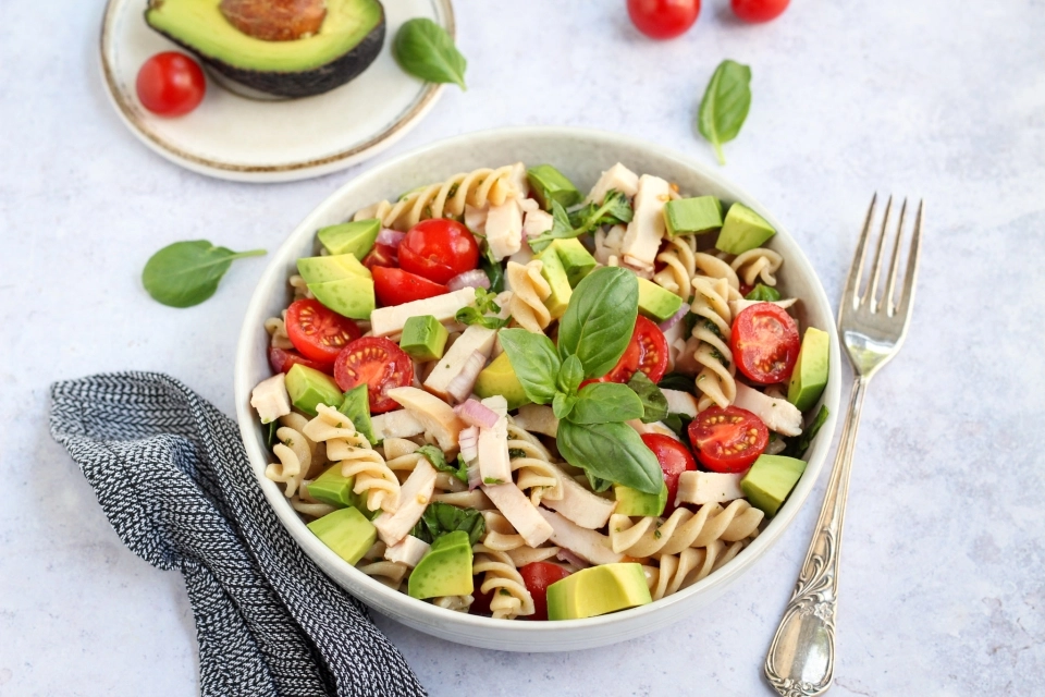 Chicken & avocado pasta salad