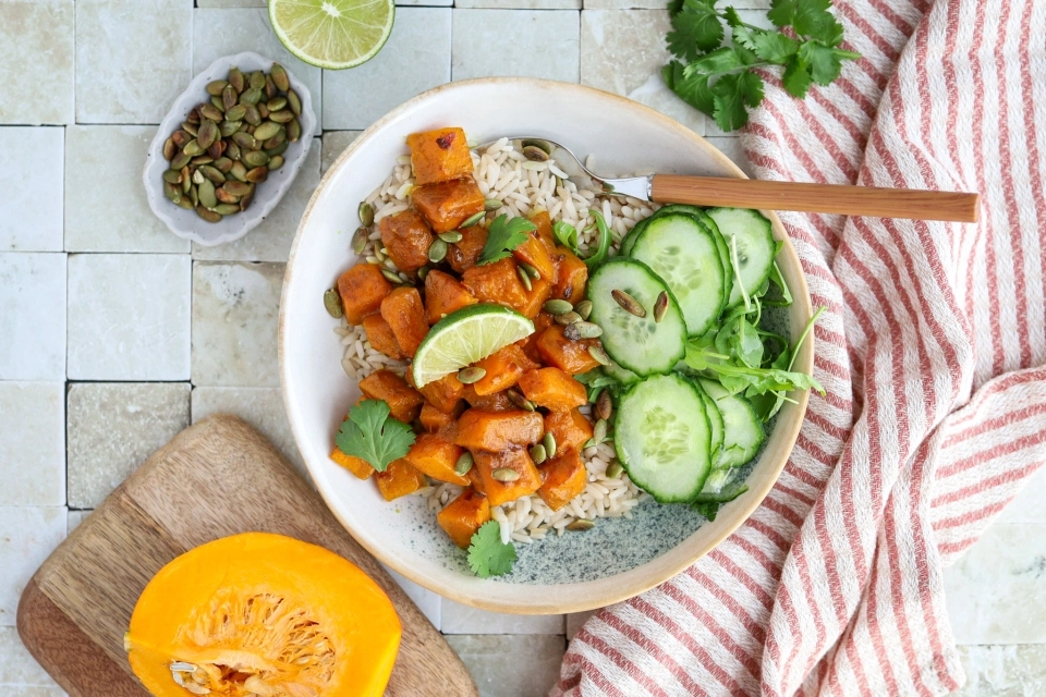 Pumpkin rendang bowl with rice