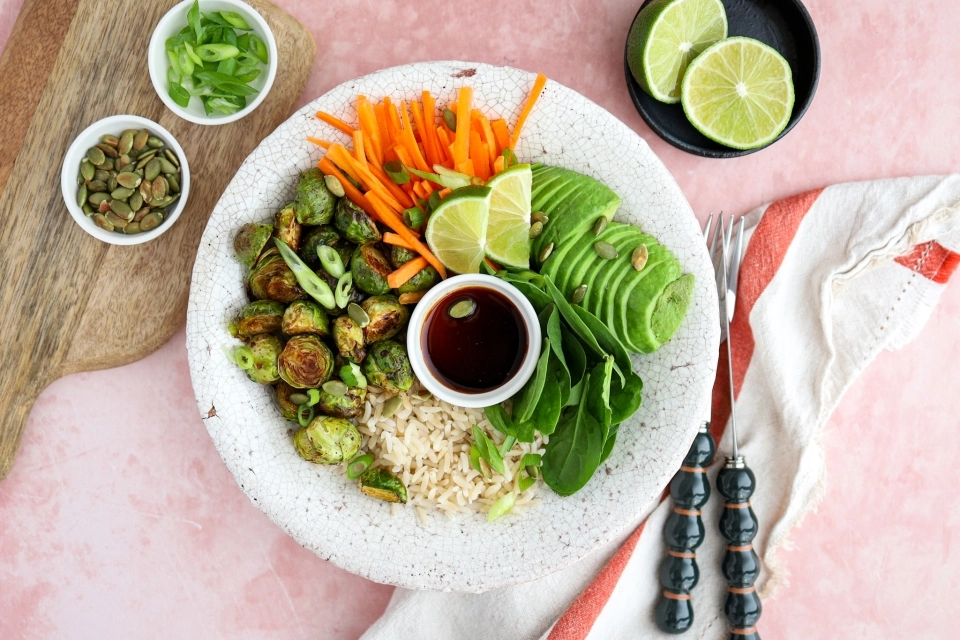 Sticky Brussels sprouts with rice & avocado