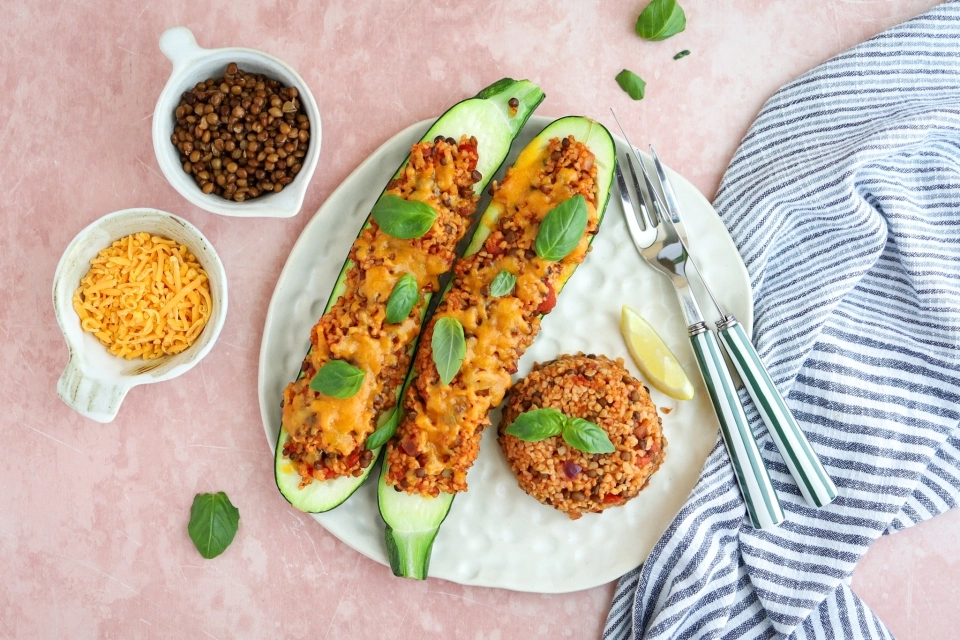 Bulgur & lentil stuffed zucchini