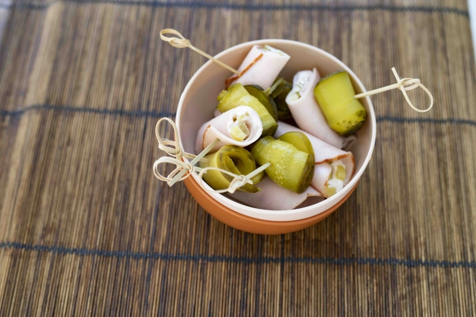 Turkey roll-ups with goat cheese & pickles