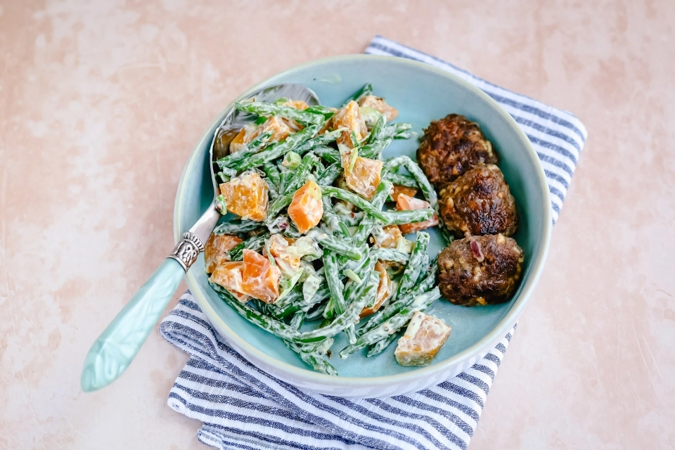 Sweet Potato Salad & Cheesy Beef Patties